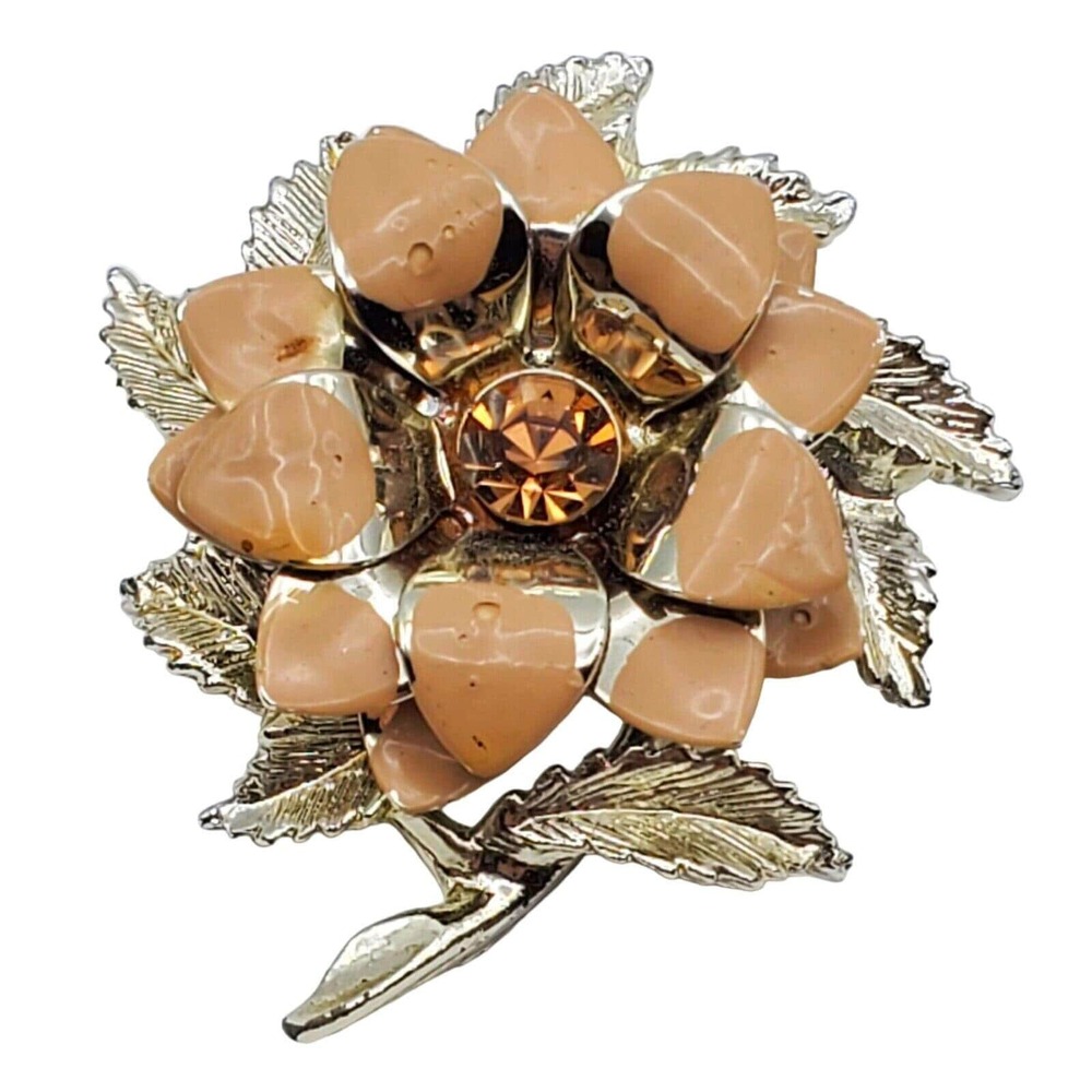 Brown Topaz Rhinestone Flower Power Brooch Enamel Tan Pin Vintage 1970s Summer